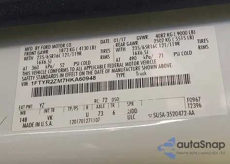 2017 Ford Transit-250 from USA, damaged, VIN 1FTYR2ZM7HKA60948